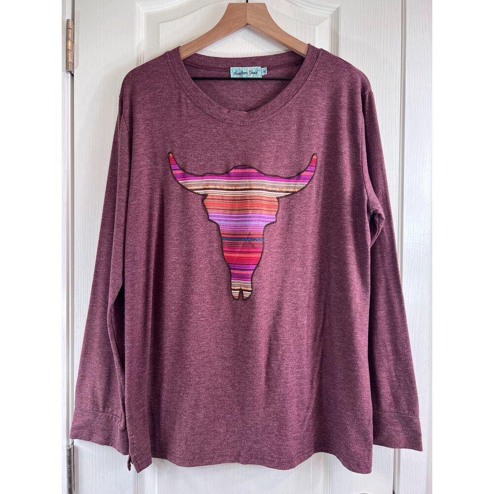 Southern Grace Women's Serape Bullskull Long Sleeve Tee Southwestern Size XL